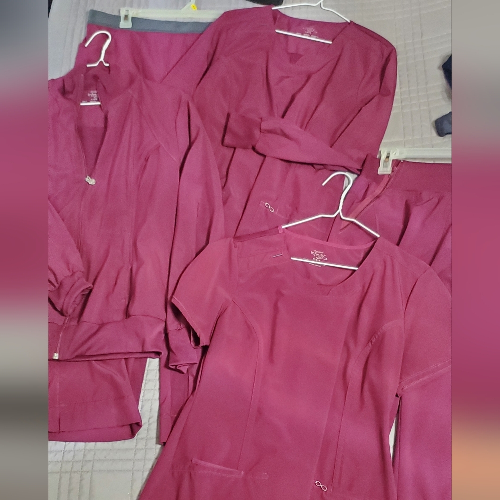 Wine Scrub Set 5 Pieces. 2 Style Pants.Long SleeveTop,Short Sleeve Top & Jacket